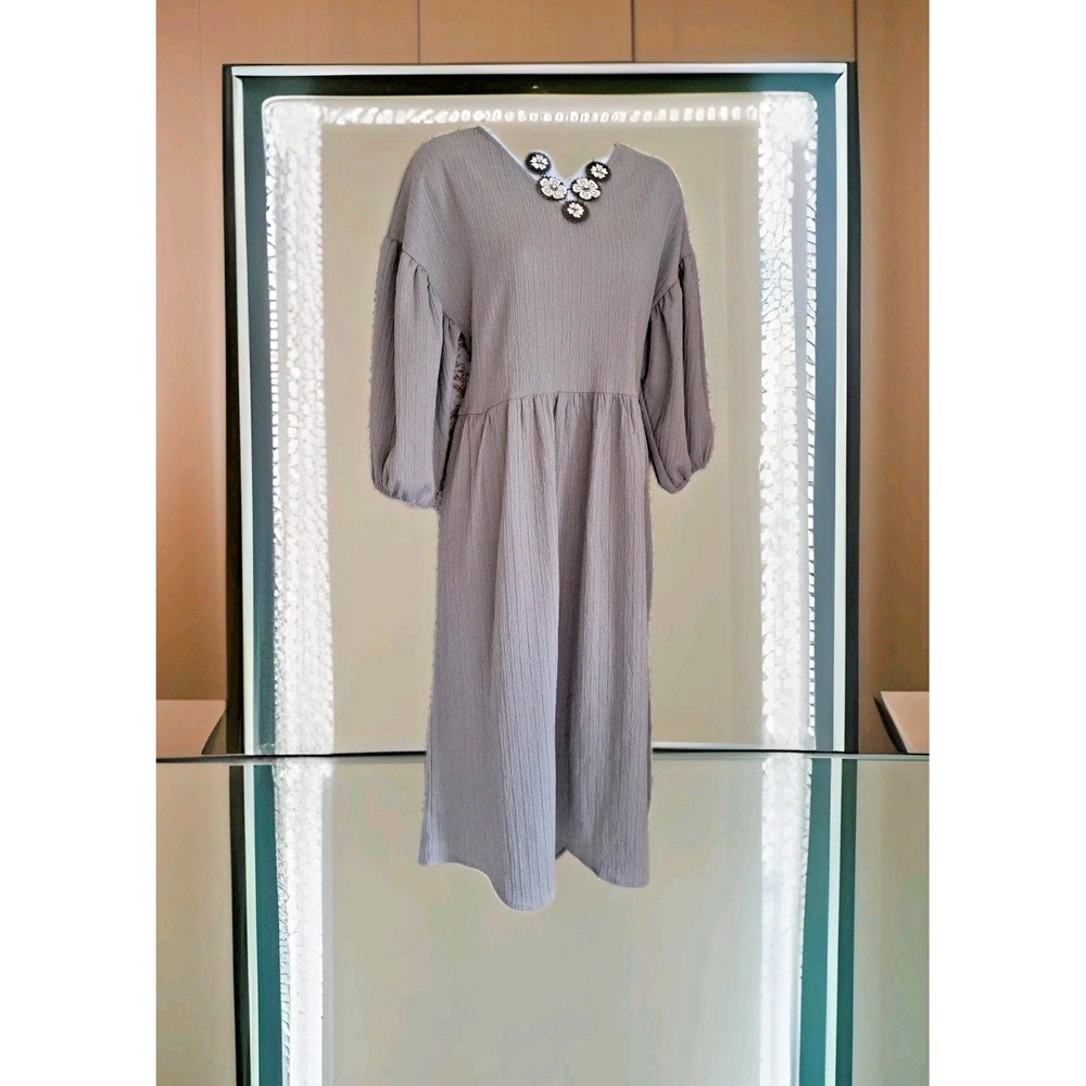 MCO Midi Popover Dress S Gray Textured‎ V-Neck Pockets 3/4 Sleeve Oversized Boho